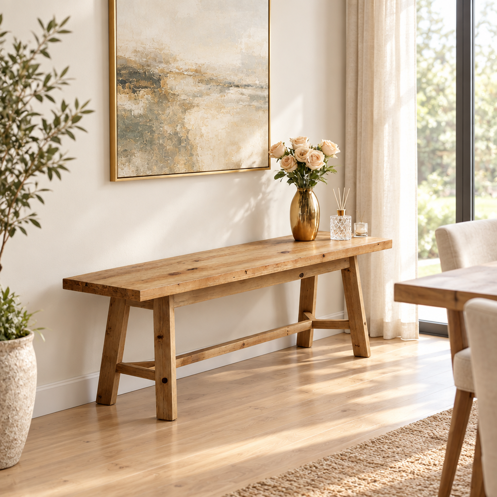 Entryway shoe bench shown in a bright uncluttered home interior