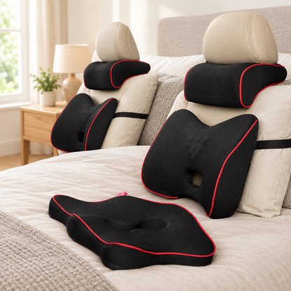 Memory foam back and waist pillow shown in a calm home bedroom