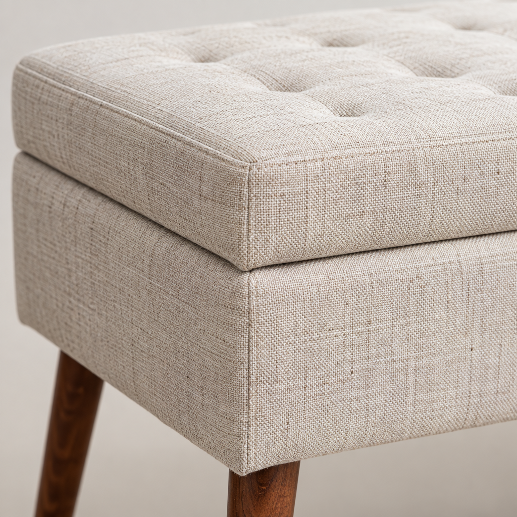 Close-up detail of the storage bench upholstery and frame