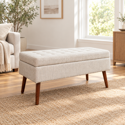 Upholstered storage bench shown in a bright modern home interior