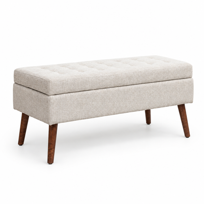 Upholstered storage bench for end of bed, studio product photo