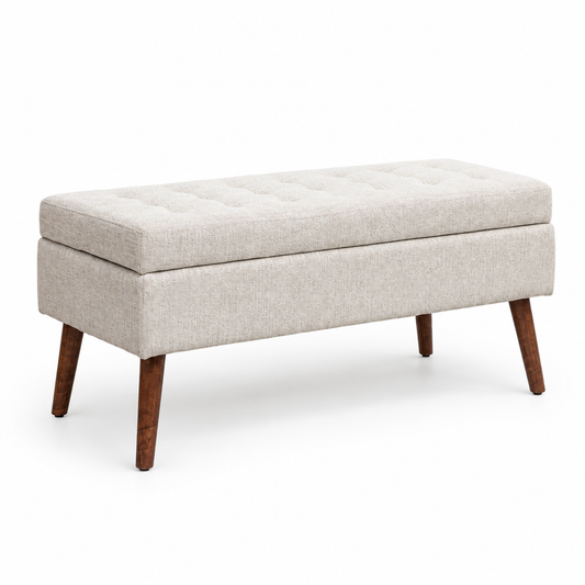 Upholstered storage bench for end of bed, studio product photo