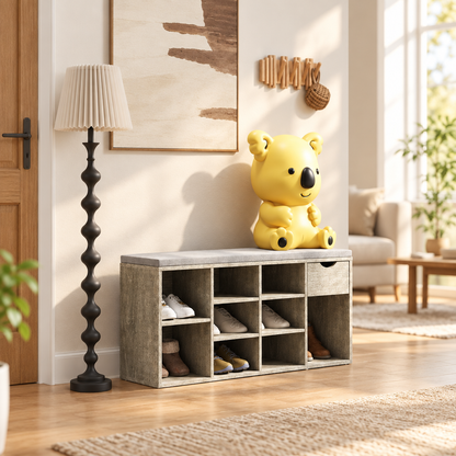 Entryway shoe storage bench in a bright modern home interior