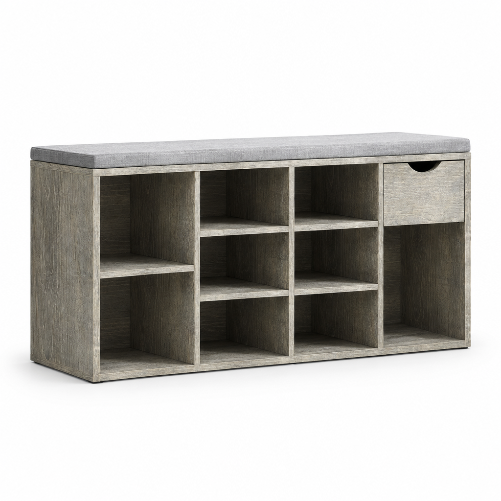Entryway shoe storage bench with padded cushion and drawer, studio photo