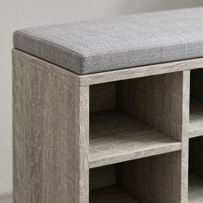 Close-up detail of the shoe bench cushion and drawer construction
