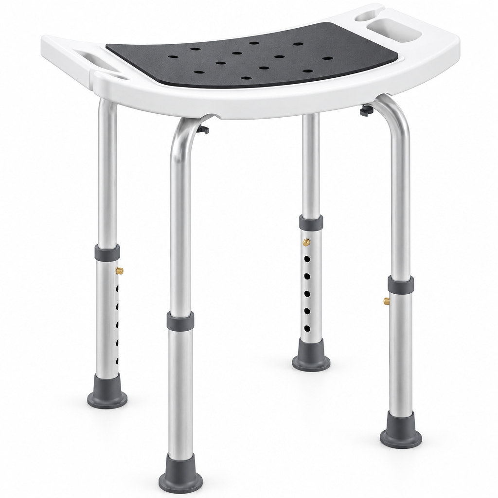 Adjustable height shower chair with aluminium frame, studio product photo