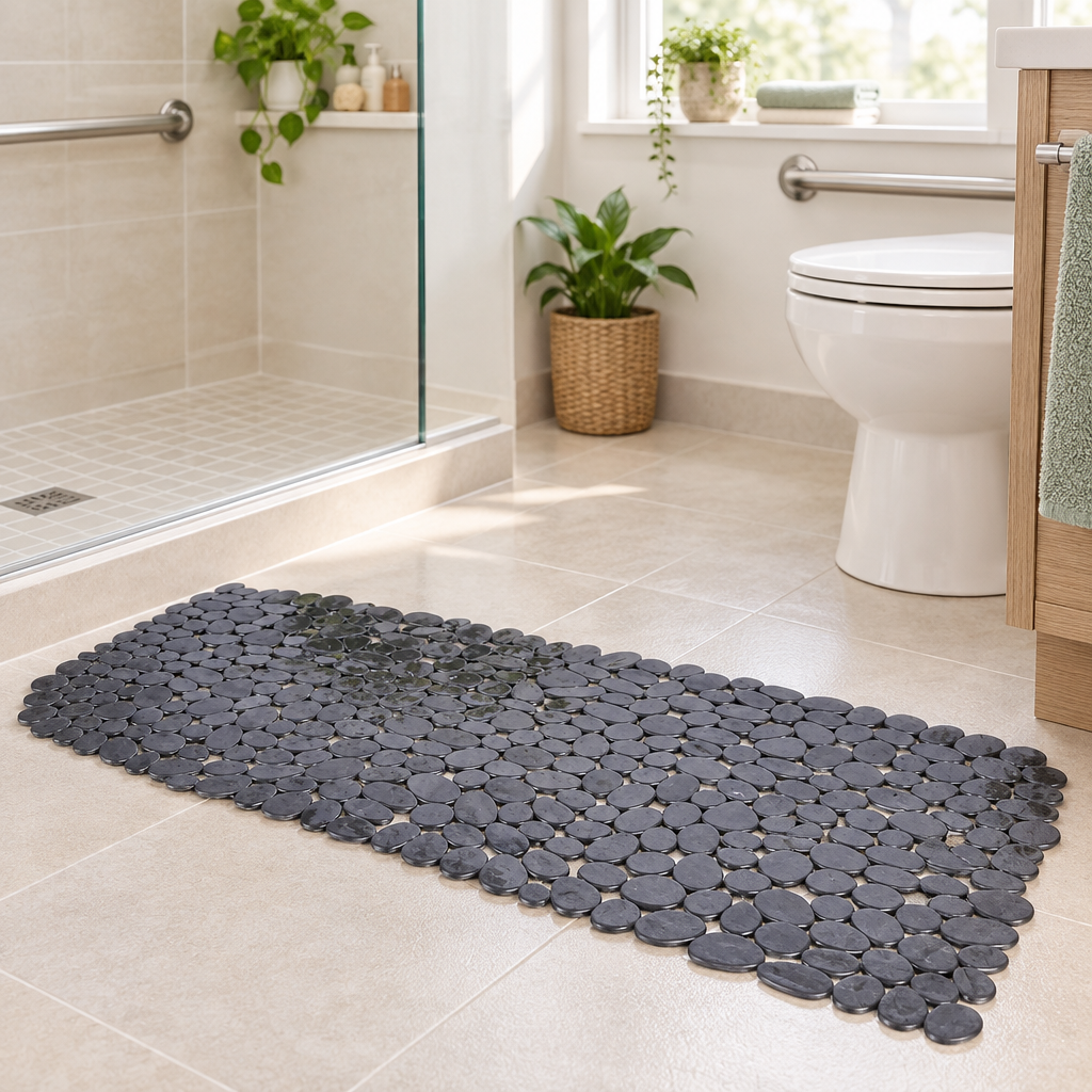 Pebble PVC non-slip bath mat in a bright senior-friendly accessible bathroom