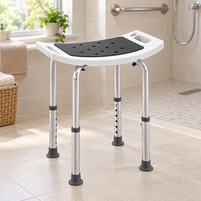 Adjustable shower chair in a bright senior-friendly accessible bathroom