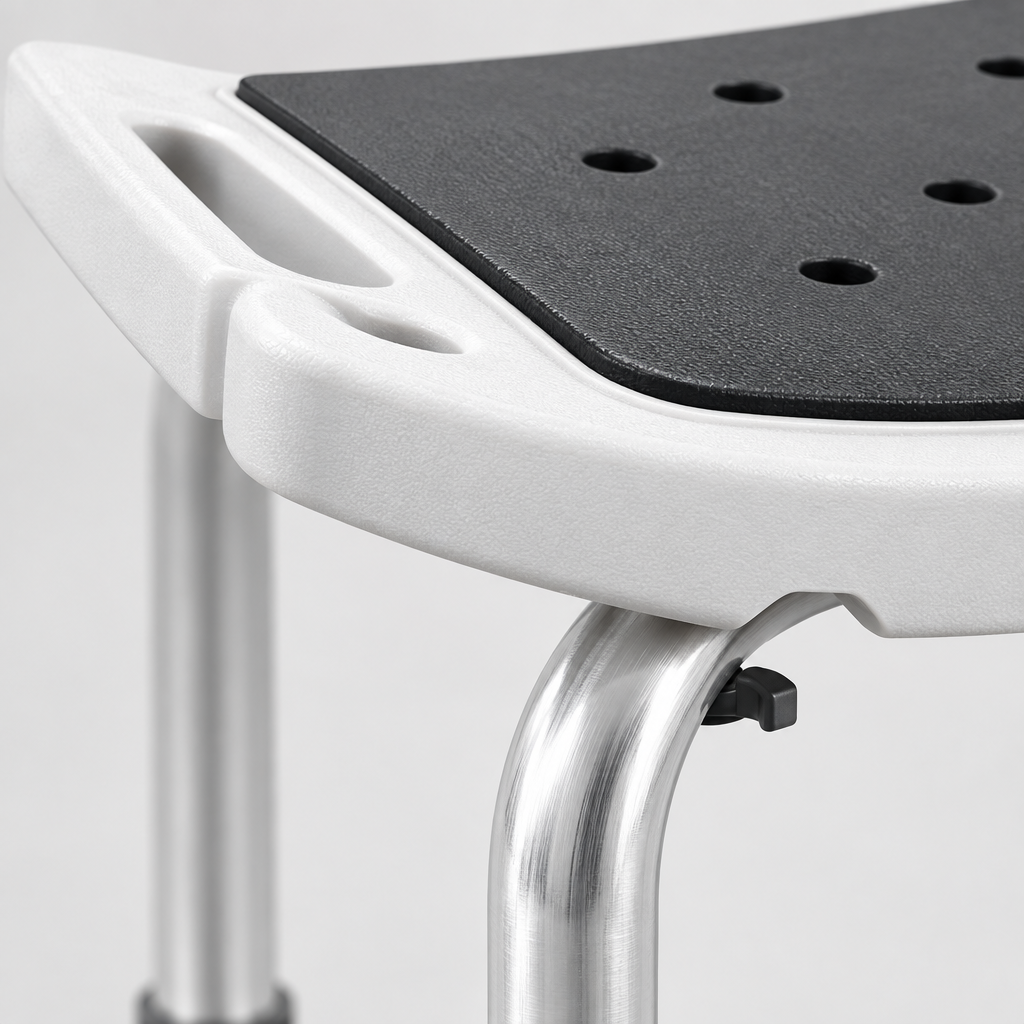 Close-up detail of the shower chair aluminium frame and seat