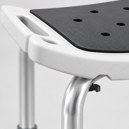 Close-up detail of the shower chair aluminium frame and seat