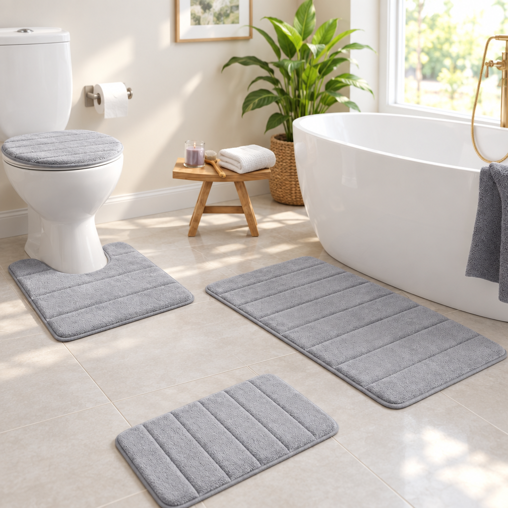 Memory foam bath mat pedestal set in a bright accessible bathroom