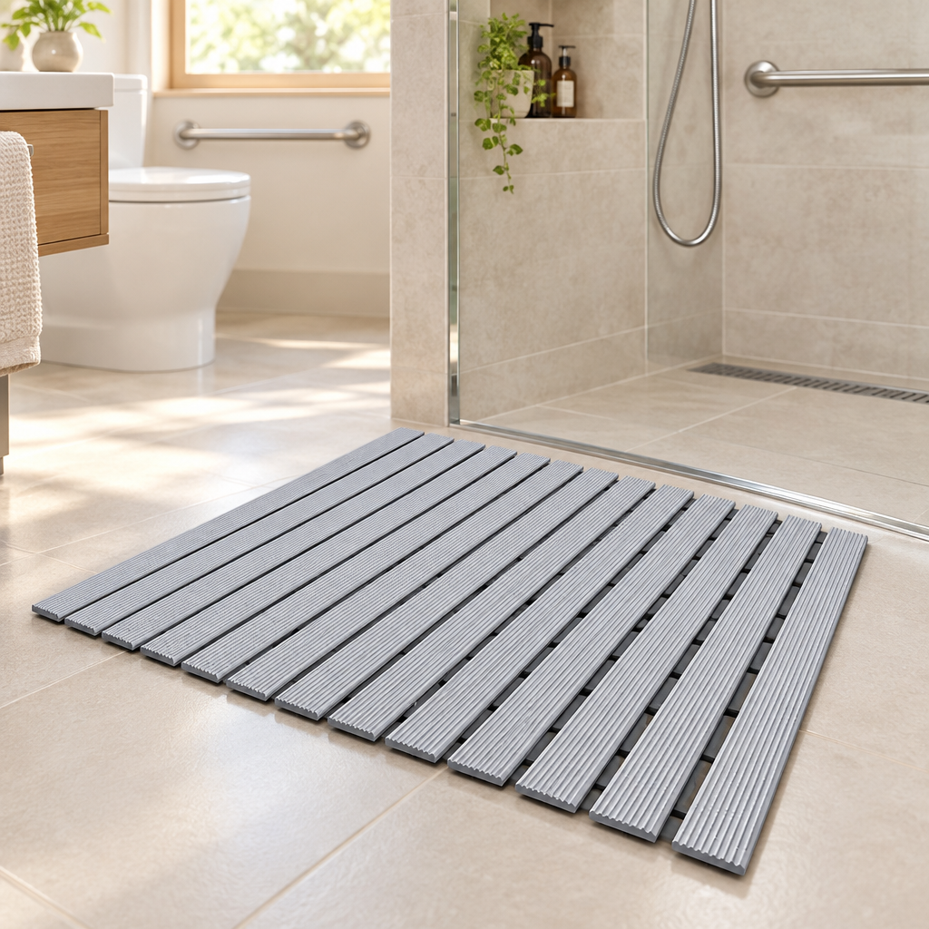 TPE non-slip shower mat in a bright senior-friendly accessible bathroom