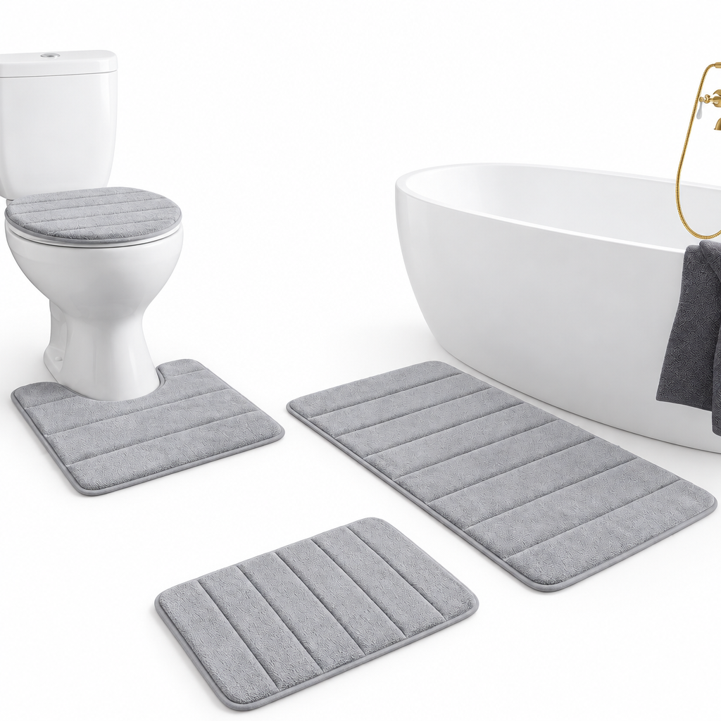 Memory foam non-slip bath mat and pedestal contour rug set, studio photo