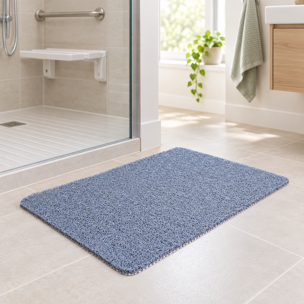 Wire ring non-slip bathroom floor mat in a bright accessible bathroom