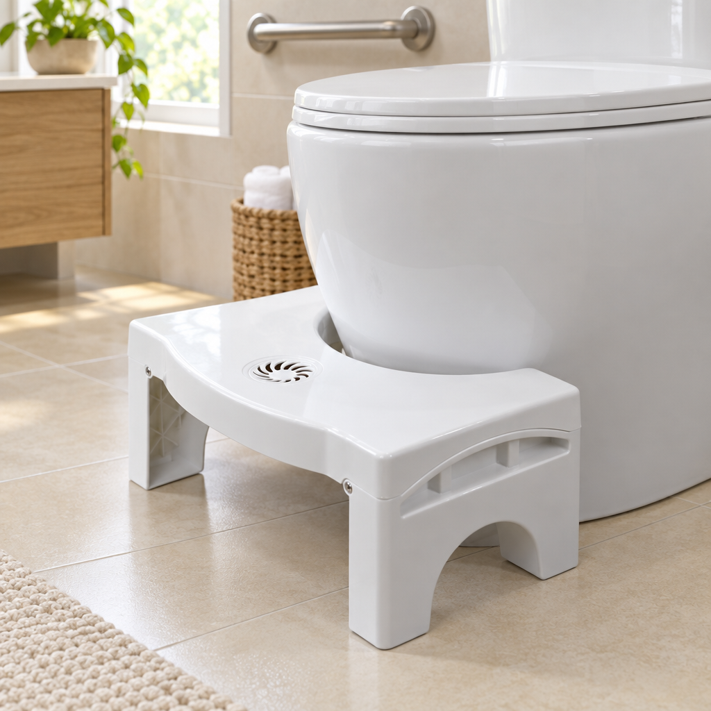 Foldable toilet step stool in a bright senior-friendly accessible bathroom