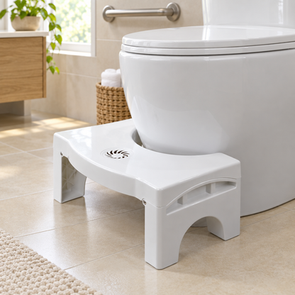 Foldable toilet step stool in a bright senior-friendly accessible bathroom