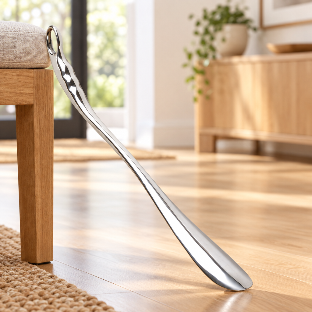 Long metal shoe puller shown in a bright home interior
