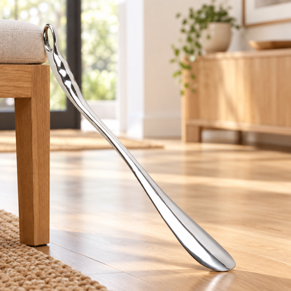 Long metal shoe puller shown in a bright home interior