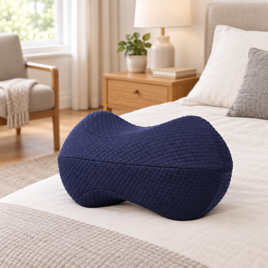 Multifunctional leg pillow shown in a calm home bedroom