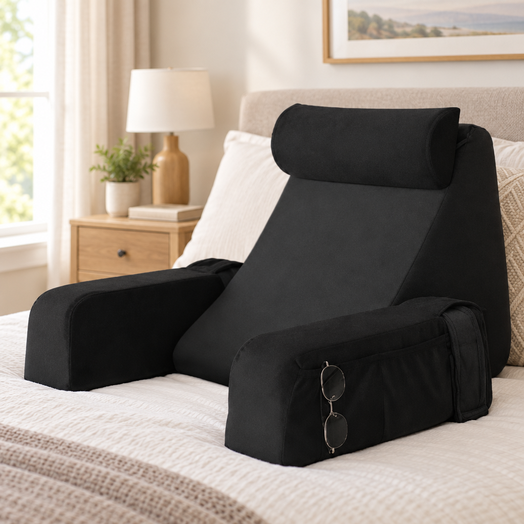 Lumbar support slope reading pillow shown in a calm home bedroom