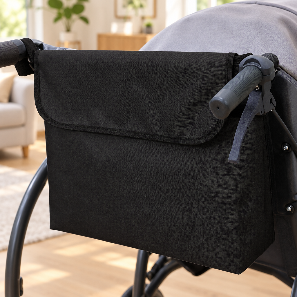 Wheelchair hanging storage bag shown in a bright home interior