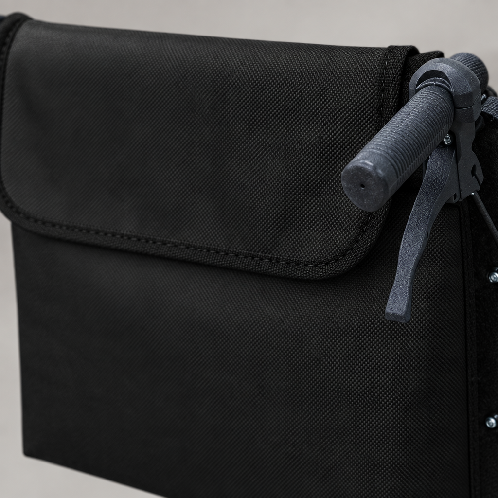 Close-up detail of the wheelchair storage bag fabric and strap