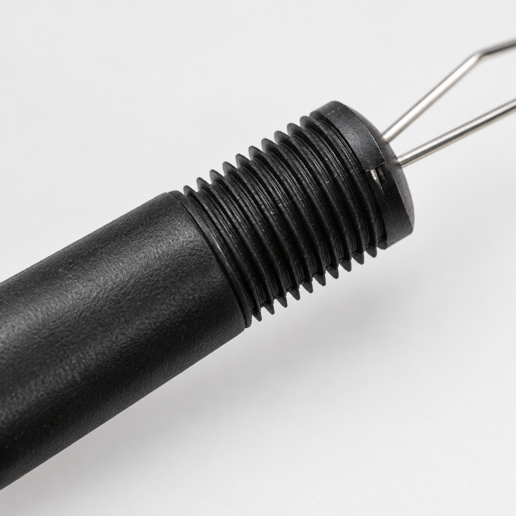 Close-up detail of the button zipper aid hook and handle