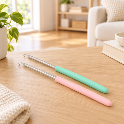 Bracelet aid wearing hook shown in a bright home interior