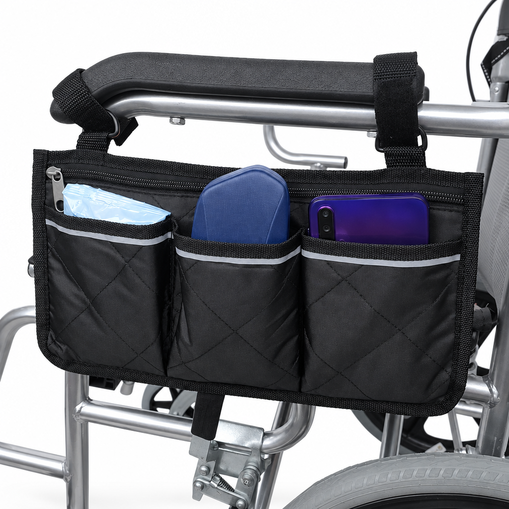 Wheelchair side storage bag, studio product photo