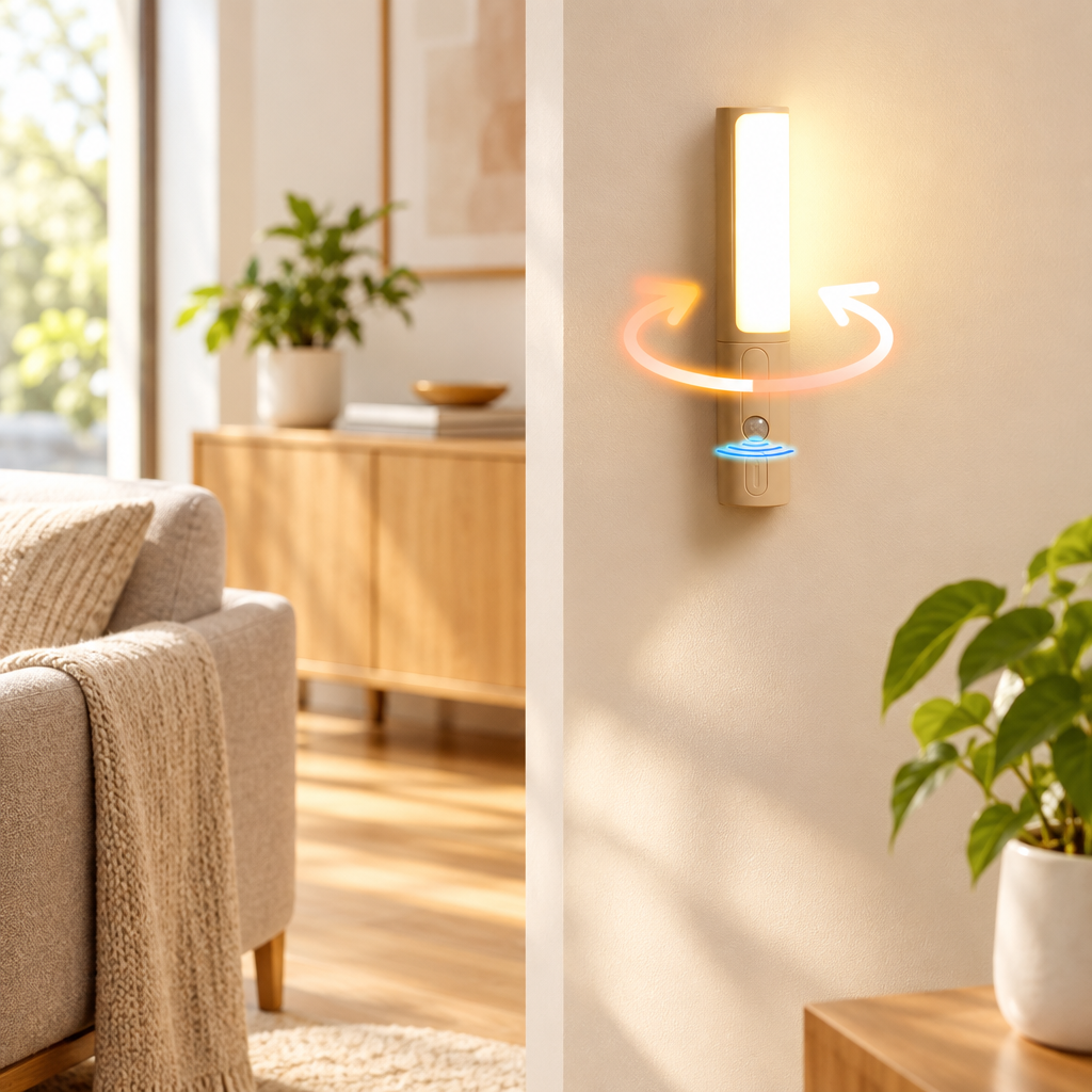 Motion sensor LED night light shown in a bright home interior