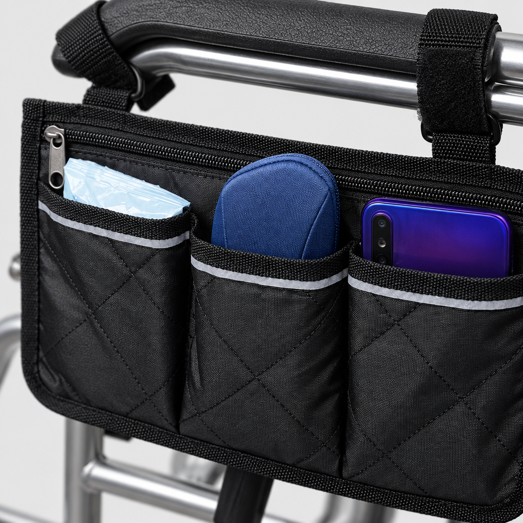 Close-up detail of the wheelchair side bag material and pocket