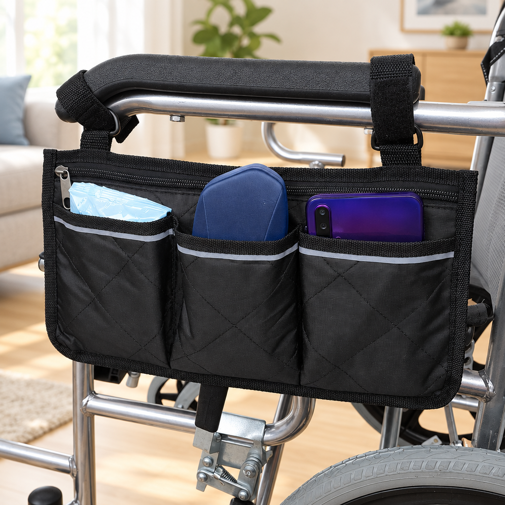 Wheelchair side storage bag shown in a bright home interior