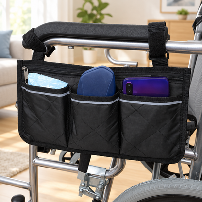 Wheelchair side storage bag shown in a bright home interior
