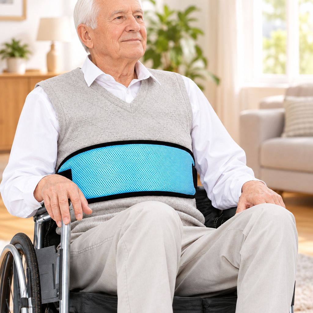 Mesh wheelchair restraint strap shown in a bright home interior