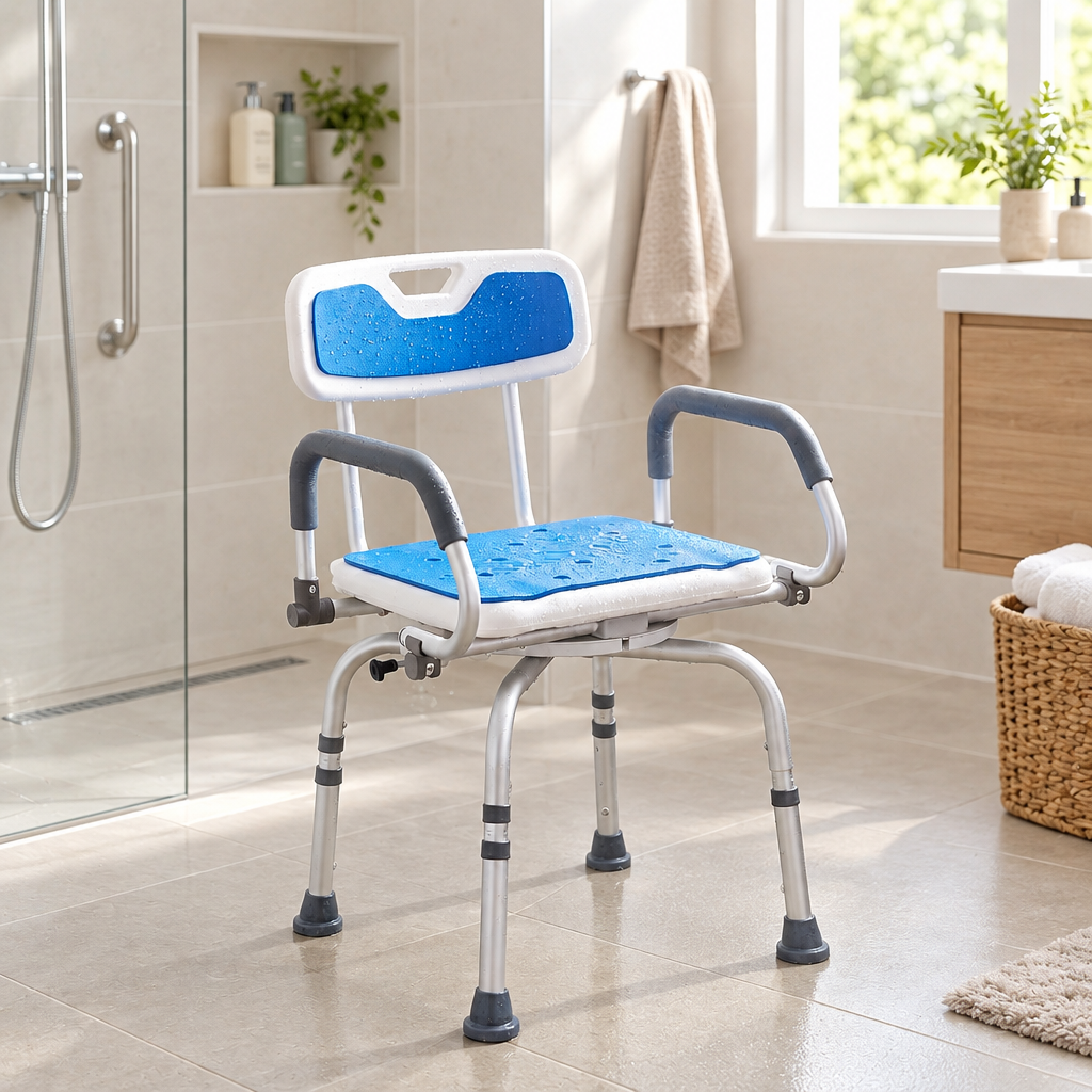 360 degree swivel shower chair with arms in an accessible home bathroom