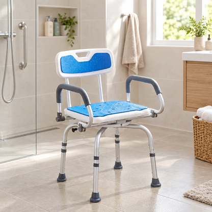 360 degree swivel shower chair with arms in an accessible home bathroom