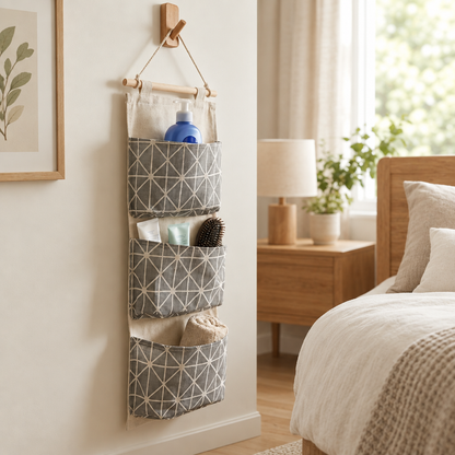 Bedside hanging organizer in a tidy home bedroom