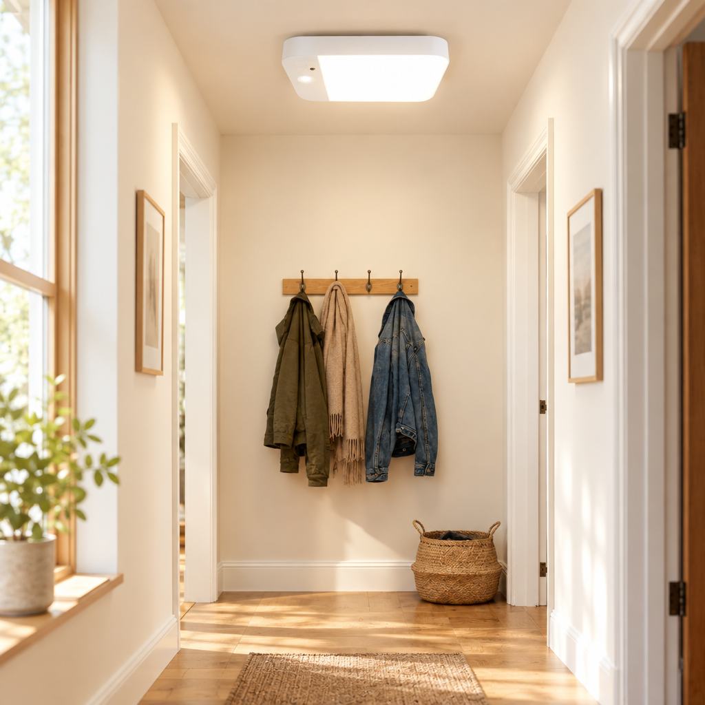 Motion-sensor ceiling light installed in a bright home interior