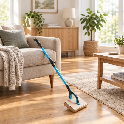 Folding reacher grabber tools in a bright home interior