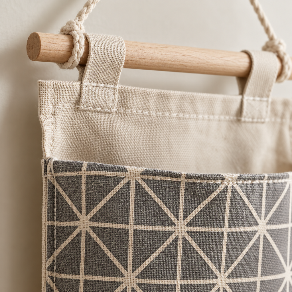 Close-up detail of the bedside organizer fabric and stitching