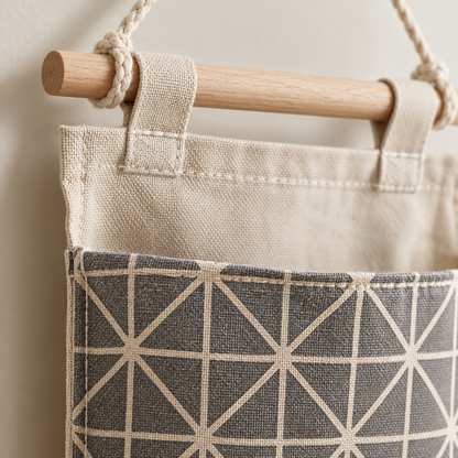 Close-up detail of the bedside organizer fabric and stitching