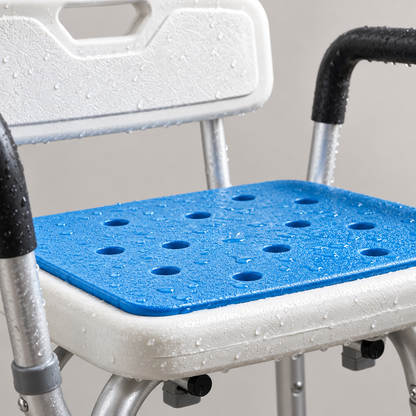 Close-up detail of the adjustable shower chair frame and seat surface