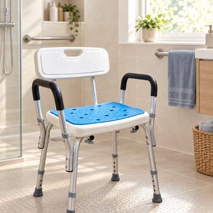 Adjustable shower chair with backrest in an accessible home bathroom