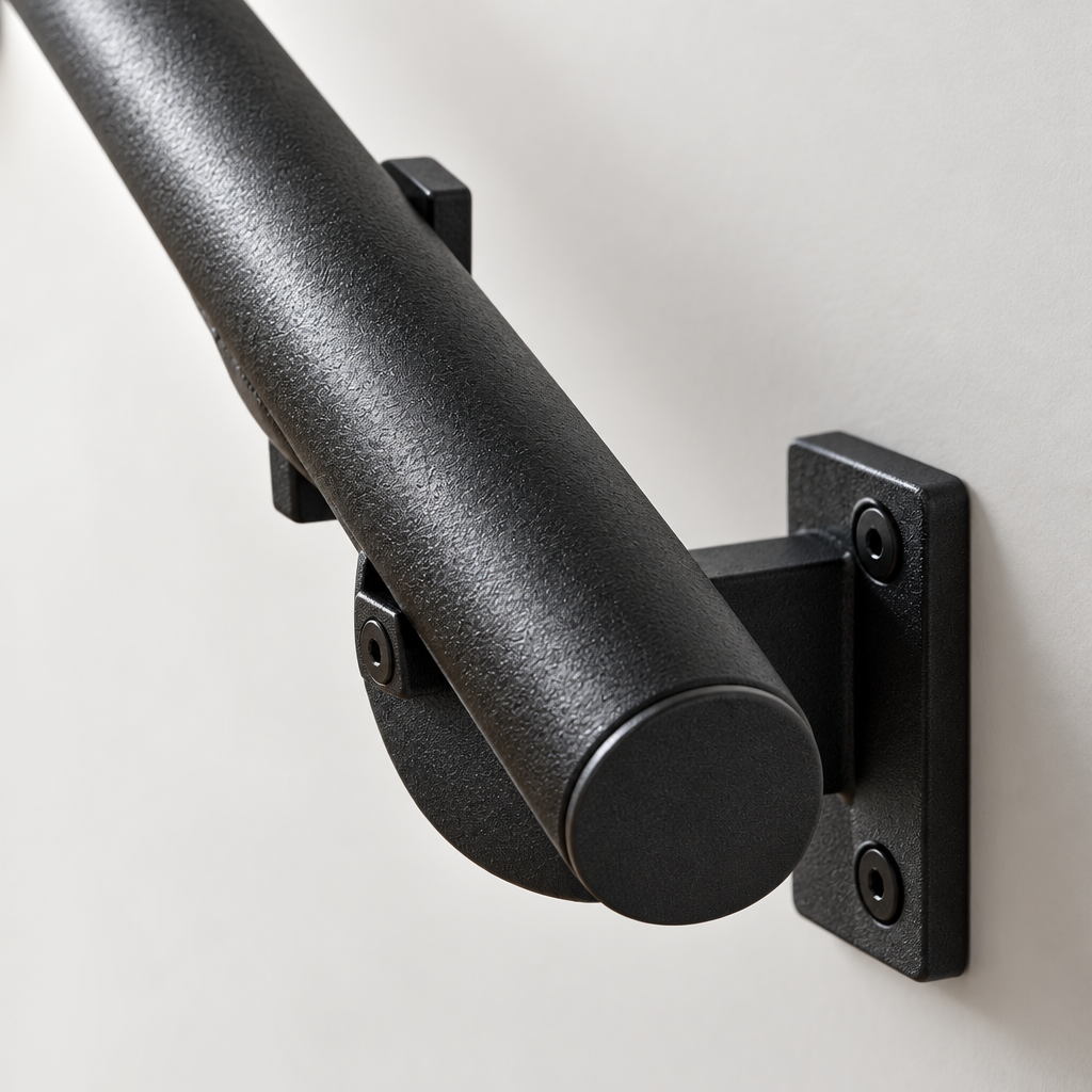 Close-up detail of the aluminium handrail bracket and finish