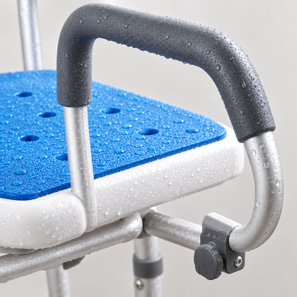 Close-up detail of the swivel shower chair armrest and seat