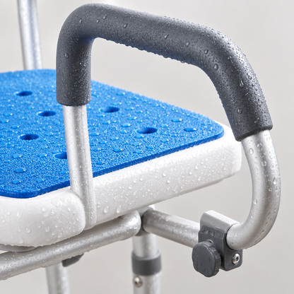 Close-up detail of the swivel shower chair armrest and seat