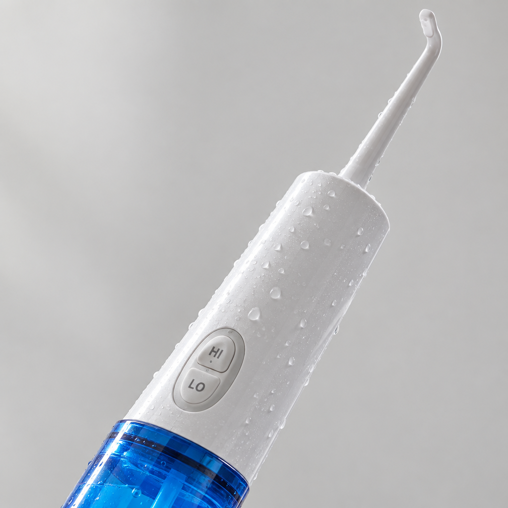 Close-up detail of the portable electric bidet nozzle and control button