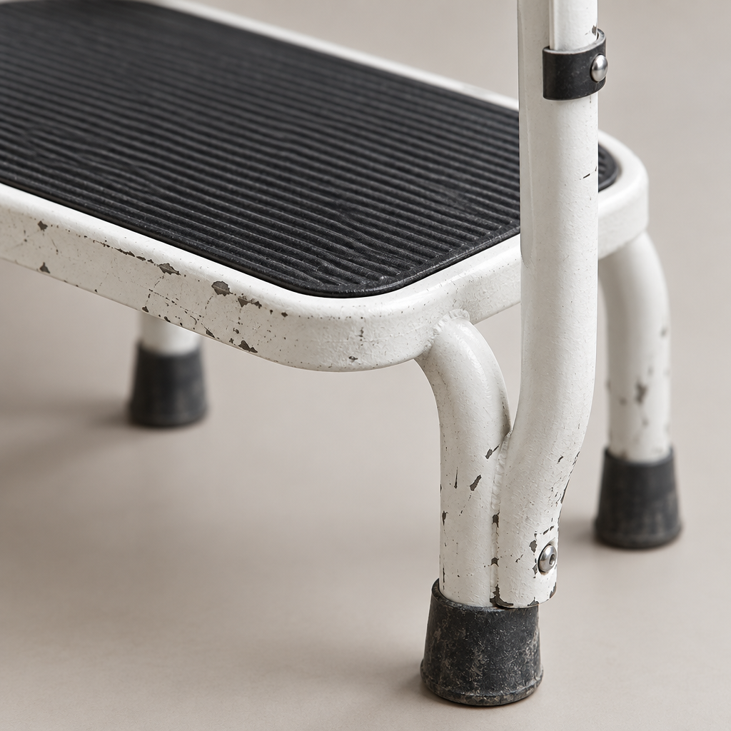 Close-up detail of step stool non-slip tread and support handle