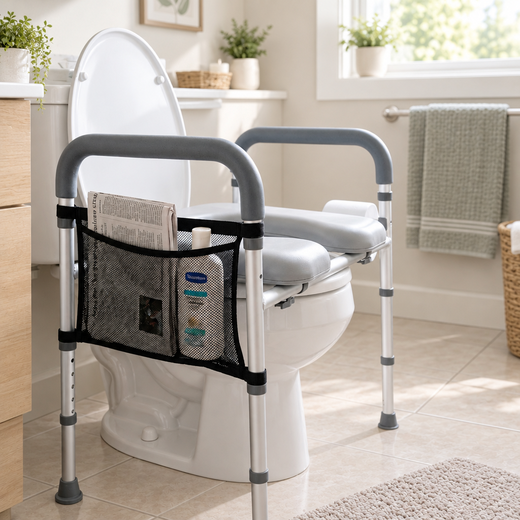 Padded raised toilet seat with support frame in an accessible bathroom