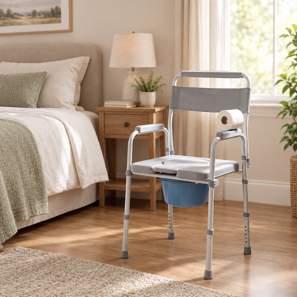 4-in-1 bedside commode chair beside a bed in a calm home bedroom